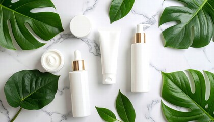 Minimalist flat-lay of skincare products on a marble surface.