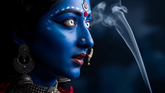 Captivating blue deity portrait embodying fierce divine power and spiritual essence of navratri and durga puja celebrations