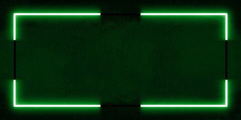 Vibrant glowing neon green frame set against a dark cement textured background. The bright,...