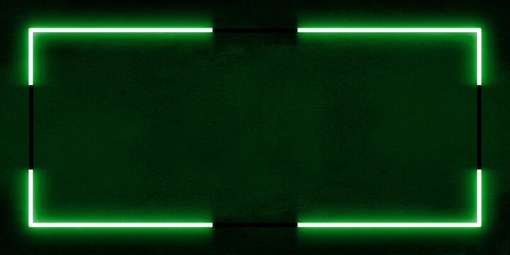 Vibrant glowing neon green frame set against a dark cement textured background. The bright, luminous outline creates a striking contrast with the deep moody green surface giving impression of sign