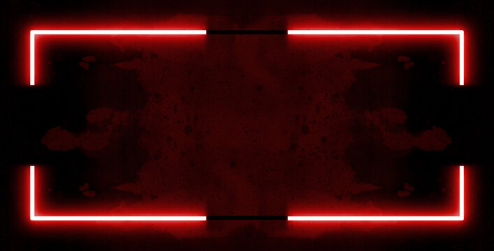 Vibrant glowing neon red frame set against a dark cement textured background. The bright, luminous outline creates a striking contrast with the deep moody green surface giving impression of sign