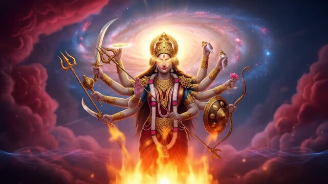 Divine goddess durga radiating immense power amidst cosmic clouds and sacred flames symbolizing navratri triumph over evil and spiritual awakening