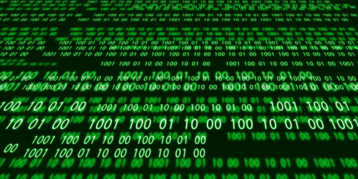 Futuristic background with lines glowing green binary code on dark background. Numbers ("1001" "10" "01" and "00") recede into distance creating sense perspective and depth traveling digital tunnel