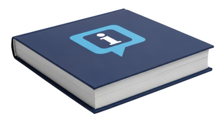 Isolated educational hardcover book featuring an information-style speech bubble logo motif
