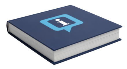 Isolated educational hardcover book featuring an information-style speech bubble logo motif