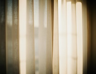 Beige curtains gently sway in the breeze as bright sunlight shines through, illuminating the space with a soft glow. The room feels comfortable and peaceful Generative AI