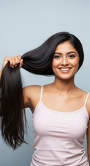 young beautiful indian woman standing with long straight hair on isolated background
