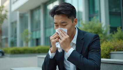 Asian businessman sneezes into tissue outdoors. Experiences cold flu symptoms like congestion, discomfort, possibly from allergies virus. Feeling weak, unwell, seeks relief from seasonal illness.