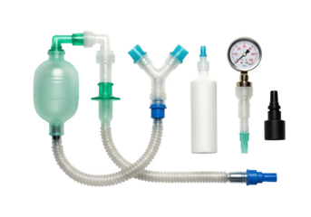 Various components of a manual resuscitator or bag valve mask isolated on transparent background, used for providing ventilation to patients