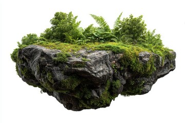 Floating rock island adorned with vibrant green moss and lush vegetation in a serene and enchanting atmosphere