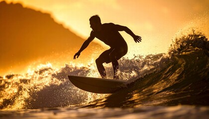 Silhouette of a surfer riding a wave at golden hour