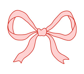 Whimsical coquette pink bow ribbon with red outline. Cute and elegant design element for Valentines Day, packaging, greeting cards, scrapbooking, feminine branding, and decorations. Vector art