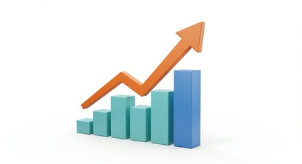 A 3D rendering of a bar chart with an upward trending arrow, symbolizing growth and positive progress.