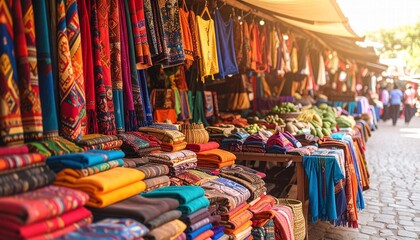 Traditional African marketplace with vibrant textiles and handmade goods