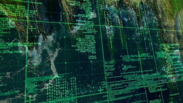 Translucent green grid fading in code flowing and shifting across map before settling into overlay