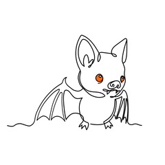 Outline of the profile of a chibi bat in one line. Cute Halloween illustration. Funny monster


