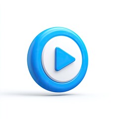 Play button, 3D render, blue and white.  A bright, round, 3D play button. 