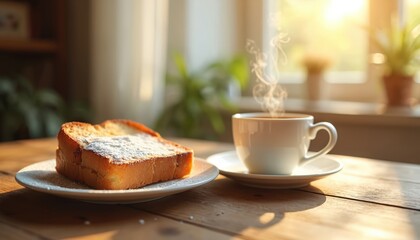 Obraz premium Warm coffee cup, slice of powdered sugar bread on wooden table. Morning sunlight streams through window creating cozy atmosphere. Perfect for breakfast, brunch, break time. Enjoy sweet treat, hot