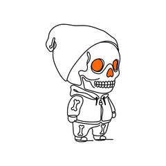 Outline of the profile of a skeleton in a cap and tracksuit in one line. Cute Halloween illustration. Funny monster


