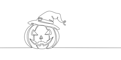 Outline of the profile of a Jack o' Lathern in one line. Cute Halloween illustration. Funny monster	

