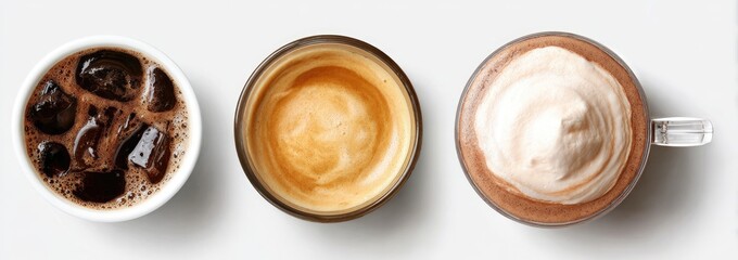 Overhead view of three different coffee drinks in white cups © Sapphire