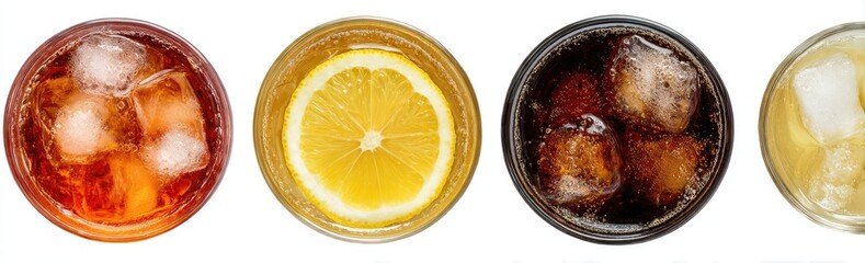 Four round glasses filled with different beverages, each with ice and a garnish