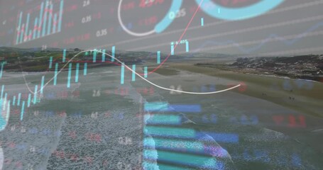 Sweeping aerial view revealing chart overlay: charts rising and pulsing visualizing market trends - Powered by Adobe