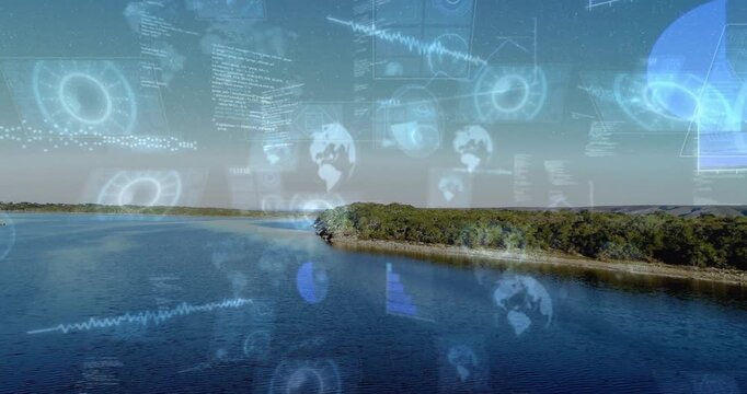 Rings fading in above river, data graphs and codes emerging and merging for environmental insight