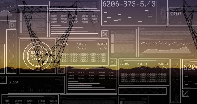At second frame floating UI fading in around transmission tower updating metrics for monitoring