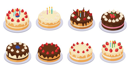 A colorful collection of various decorated birthday cakes on white plates
