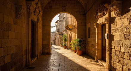 Fototapeta premium Stone Archway Tunnel Leading to Sunny Mediterranean Street with Potted Plants Architecture Details Warm Colors and Natural Light