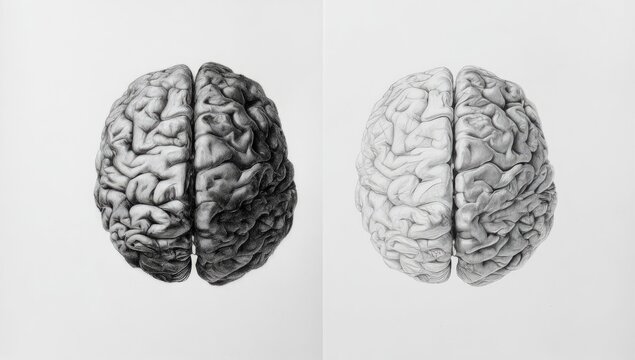 Two grayscale human brains, side-by-side, one darker, one lighter,  on a plain background