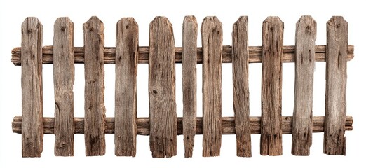 Obraz premium Aged wooden fence. A weathered picket fence with weathered, light brown wood planks, set in a horizontal orientation against a white background. 