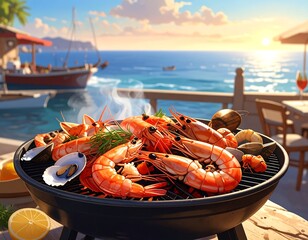 Seafood grilling feast by the ocean, fresh shrimp and shells on the barbecue