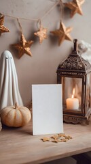 Halloween holiday greeting card mockup with white pumpkin, ghost, lantern and golden confetti.