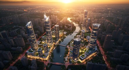 Fototapeta premium Sunset cityscape with a winding river and modern skyscrapers