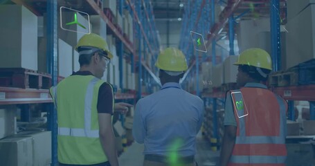 Three workers walking storage aisle interacting with popping AR icons for assessing storage layout - Powered by Adobe