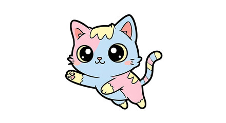 Cute cartoon kitten with pastel colors and big eyes, isolated on white.