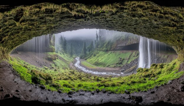 Lush green valley view from a cave archway.  Waterfall cascading - Powered by Adobe