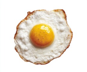 Fried egg, sunny-side up, centered against a white background.  A single cooked egg with a runny yolk.  Crispy edges