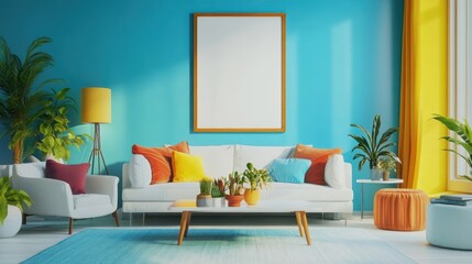 Colorful living room with blank art