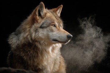 Obraz premium Wolf emerging from smoke against a dark background, capturing the essence of wilderness and mystery in a striking visual moment