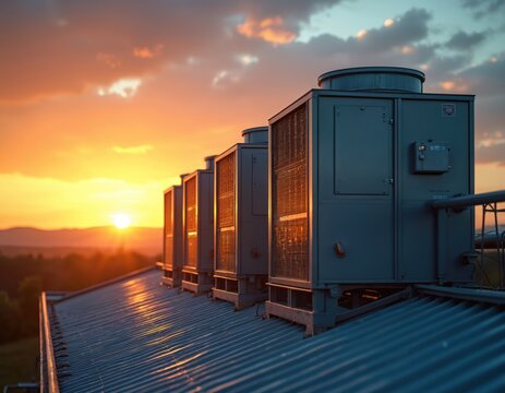 Rooftop HVAC chiller systems on agricultural building roof. Industrial machinery with pipes and condenser units. Energy efficient cooling towers for farm, barn, shed, warehouse ventilation.