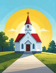 Cartoon church with sunrise