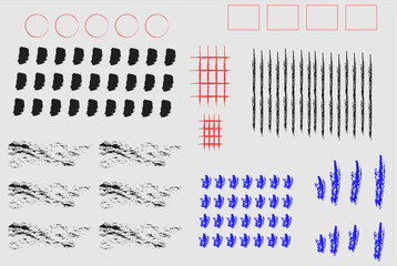 Crayon pencil vector set. Color lines and shapes with brush texture Sketch kid scribble, abstract children bg. Crayon shape, arrow circle heart