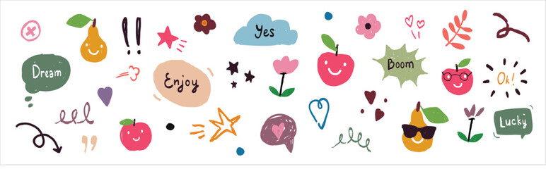 Cute doodle set with fruits, flowers and text, kawaii hand drawn stickers, playful colorful elements for kids and design.