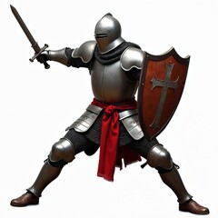 Fototapeta premium Medieval knight in full silver armor, red sash, shield with cross, brandishing sword. Isolated on white background, representing historical combat, fantasy battles. Dynamic pose suggests epic fight