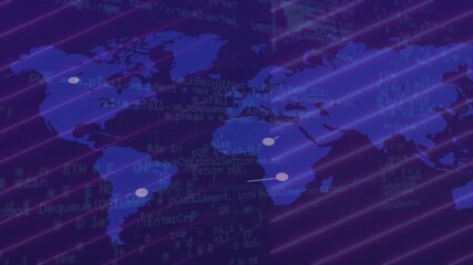 Scanning lines starting map, pulsing nodes linking globally, visualizing network code-text flashing - Powered by Adobe