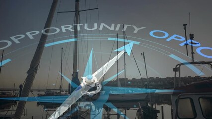 On start compass overlay rotating needle clockwise across curved OPPORTUNITY text marking progress - Powered by Adobe