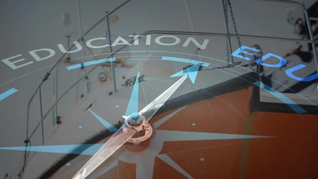 Fading in digital compass rose around metal compass, arrow glowing upward to highlight education